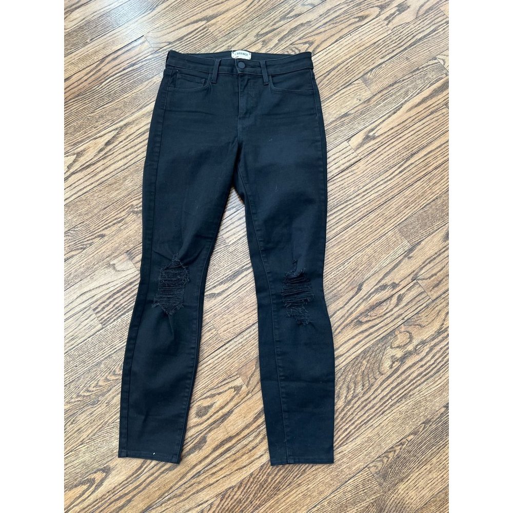 L'AGENCE Margot High Rise Crop Skinny Jean in Zinc Destruct Black Ripped Size 27